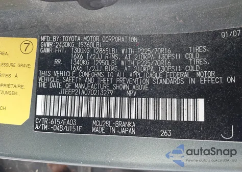 2007 Toyota Highlander V6 from USA, damaged, VIN JTEEP21A070213279